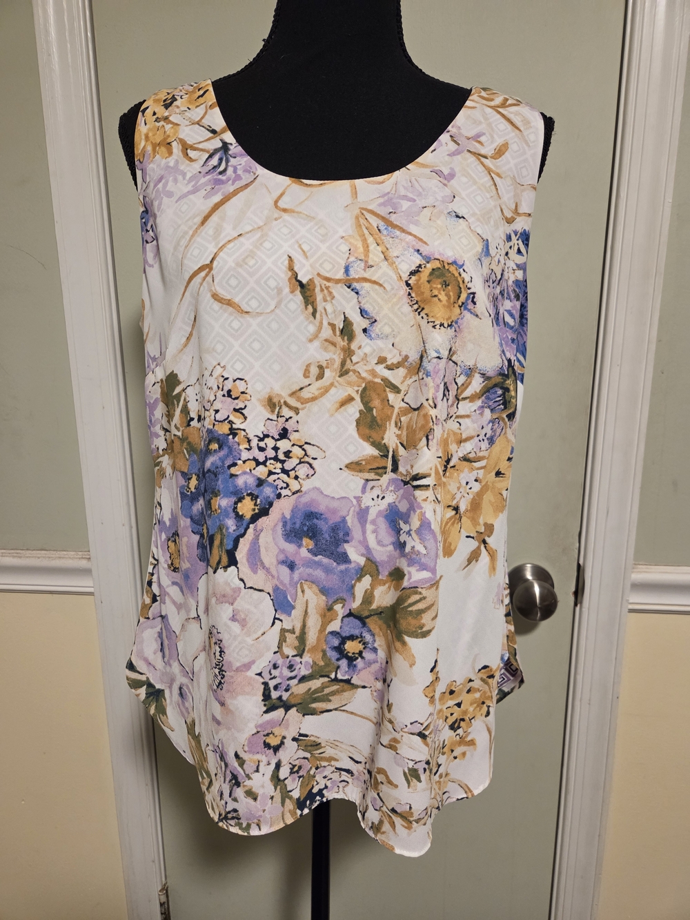 Chico's Reversible White Sleeveless Blouse with Lavender & Mustard Floral Print